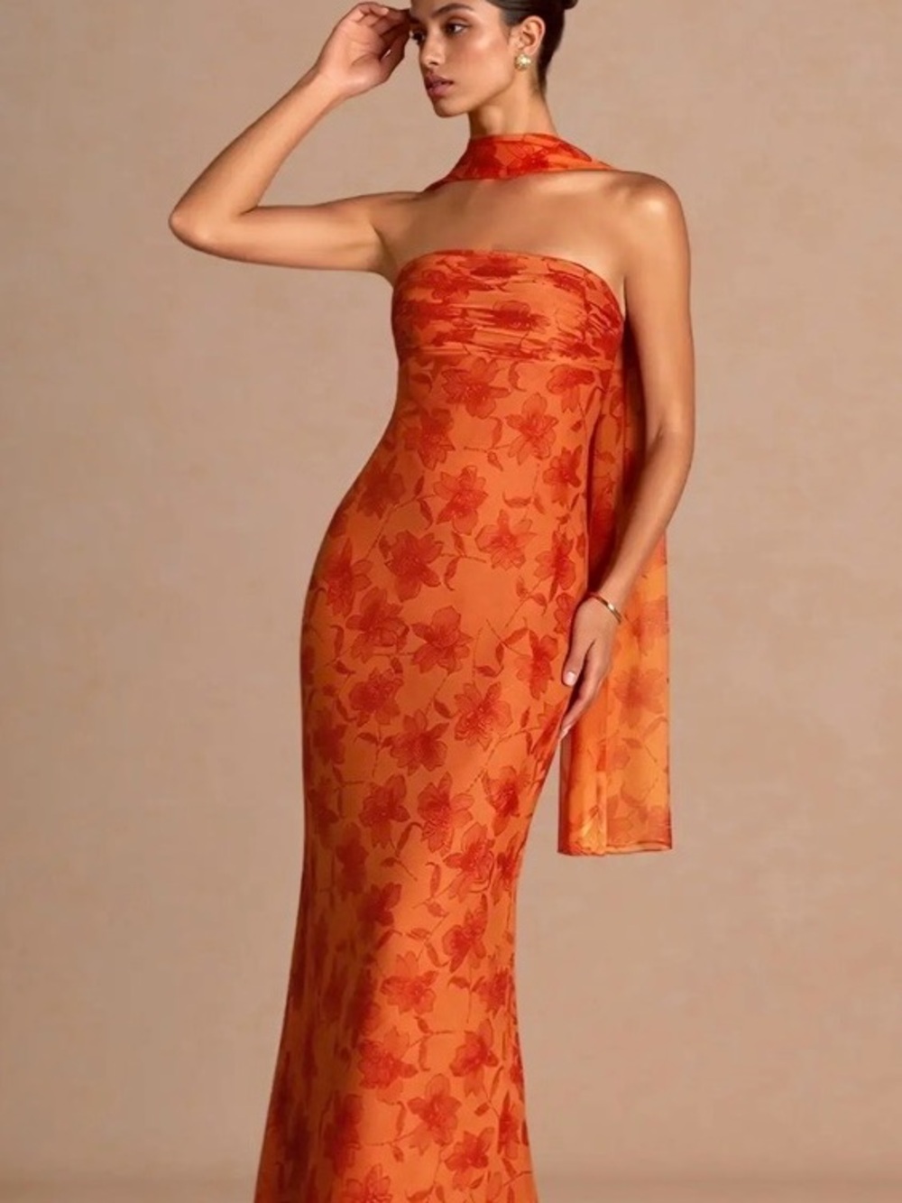 Azazie Orange Floral Strapless Scarf Maxi Dress